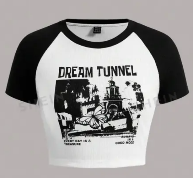 DELULU Women's Crop top Dream Tunnel & Slogan Graphic Crop Tee