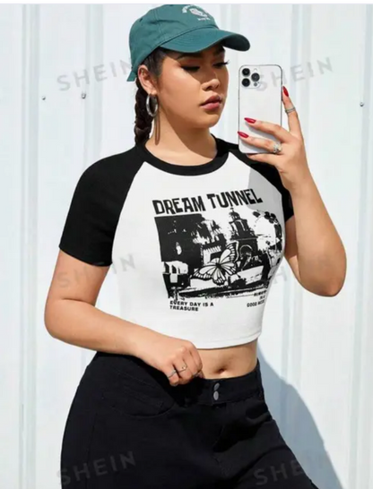 DELULU Women's Crop top Dream Tunnel & Slogan Graphic Crop Tee